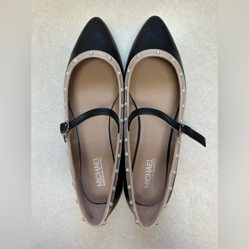 MICHAEL Shannon Rosalina Black & Tan Mary Jane Studded Flats